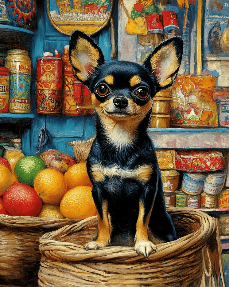 Chihuahua at Market - Pet Dog Still Life Wall Art Prints – 8″x10″ Artwork for 11″x14″ Frame