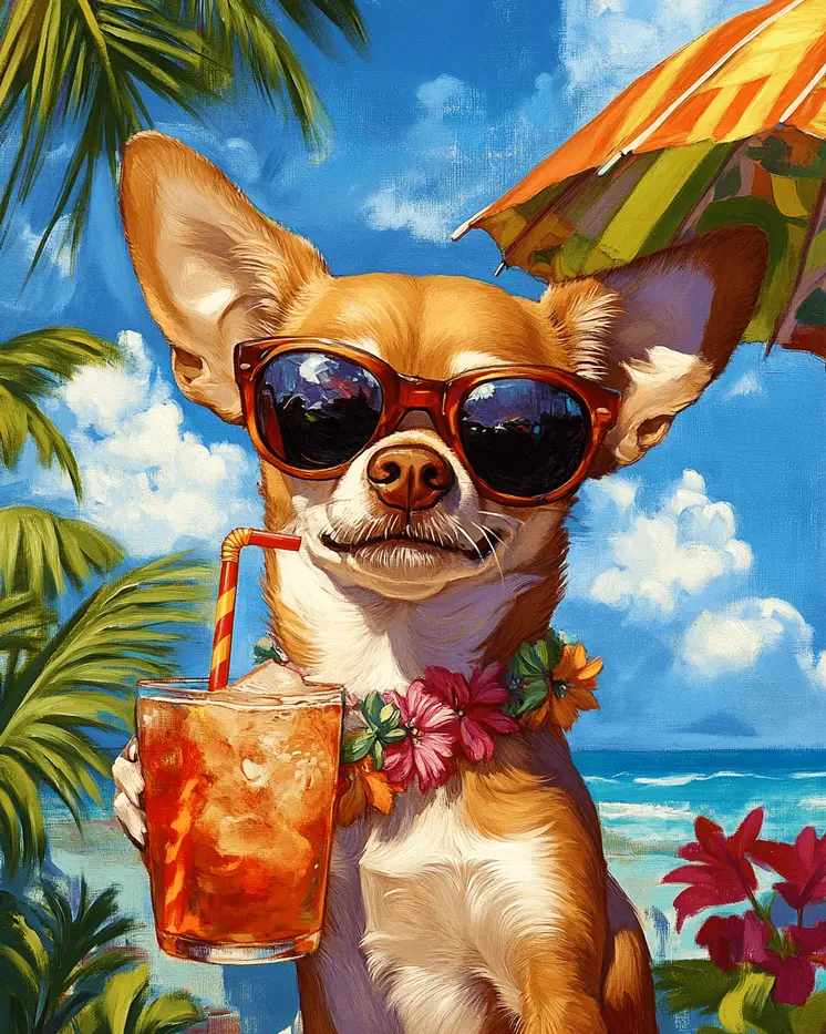 Chihuahua Beach Bum - Pet Dog Still Life Wall Art Prints – 8″x10″ Artwork for 11″x14″ Frame