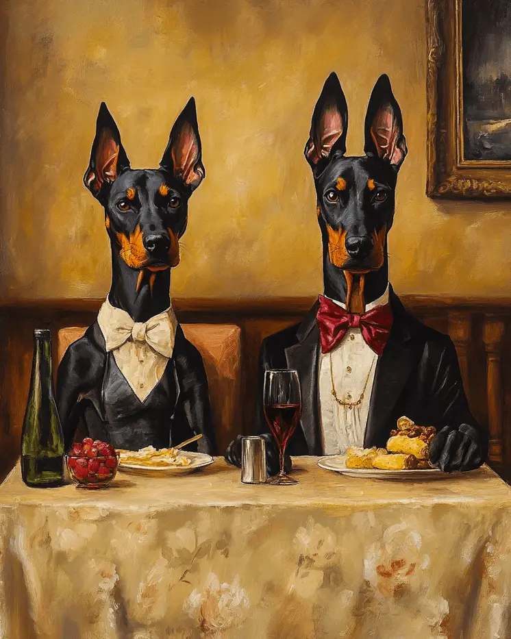 Doberman Pinschers at Dinner - Pet Dog Still Life Wall Art Prints – 8″x10″ Artwork for 11″x14″ Frame