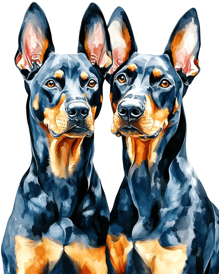 A Pair of Doberman Pinschers - Pet Dog Still Life Wall Art Prints – 8″x10″ Artwork for 11″x14″ Frame