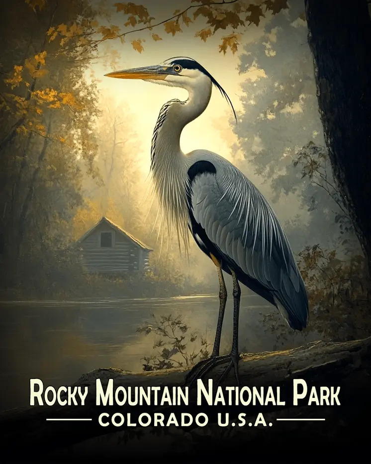 Heron & Cabin - Rocky Mountain Souvenir Art Prints - 8"x10" Artwork for 11"x14" Frame