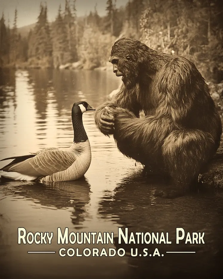 Bigfoot Talking to Canadian Goose - Rocky Mountain Souvenir Art Prints - 8"x10" Artwork for 11"x14" Frame