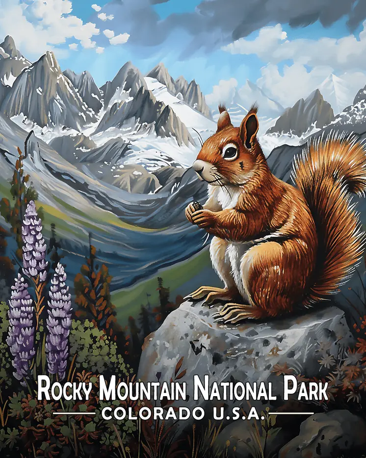 Squirrel & Lupine - Rocky Mountain Souvenir Art Prints - 8"x10" Artwork for 11"x14" Frame