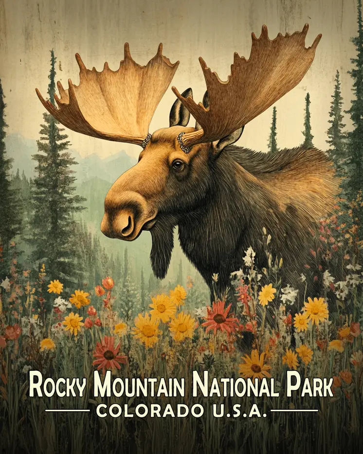 Colorado Folk Art Moose - Rocky Mountain Souvenir Art Prints - 8"x10" Artwork for 11"x14" Frame