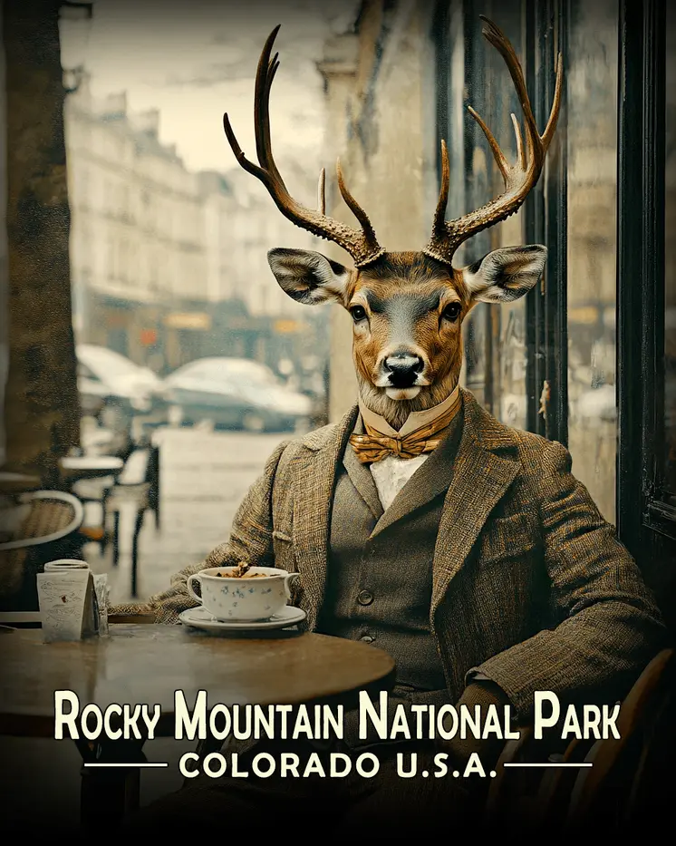Buck Deer at Cafe - Rocky Mountain Souvenir Art Prints - 8"x10" Artwork for 11"x14" Frame