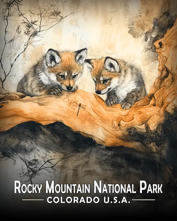 Wolf Pups Eye Dragonfly - Rocky Mountain Souvenir Art Prints - 8"x10" Artwork for 11"x14" Frame
