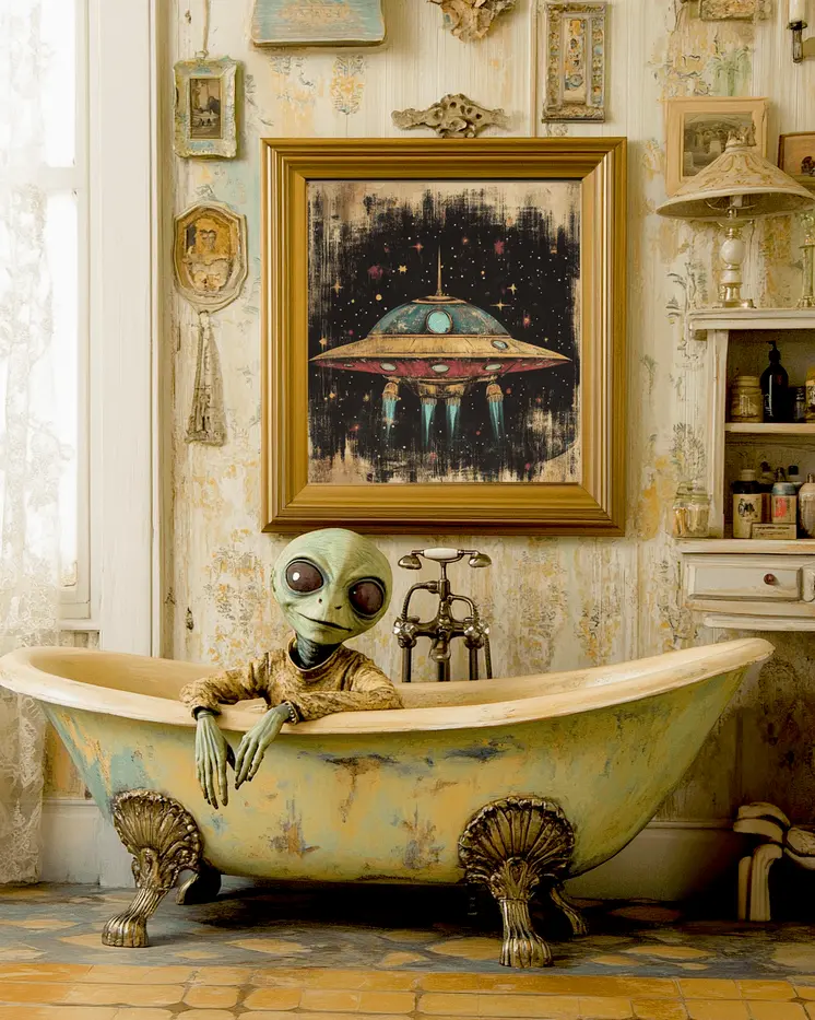 Alien in a Bathtub - Aliens, Spaceships  Outer-Space Wall Art Prints – 8″x10″ Artwork for 11″x14″ Frame