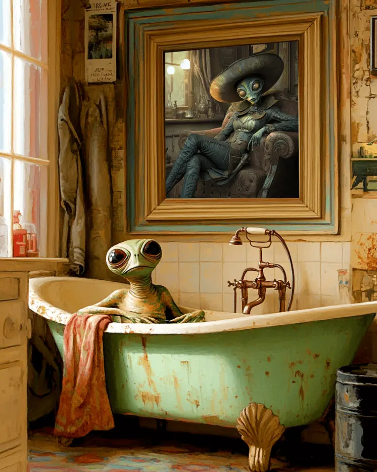 Alien Relaxing in a Bathtub - Aliens, Spaceships  Outer-Space Wall Art Prints – 8″x10″ Artwork for 11″x14″ Frame