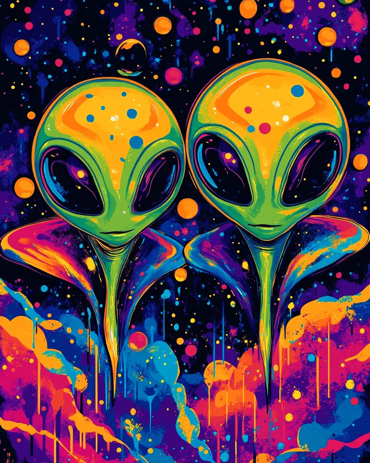 Cosmic Alien Pair - Aliens, Spaceships  Outer-Space Wall Art Prints – 8″x10″ Artwork for 11″x14″ Frame