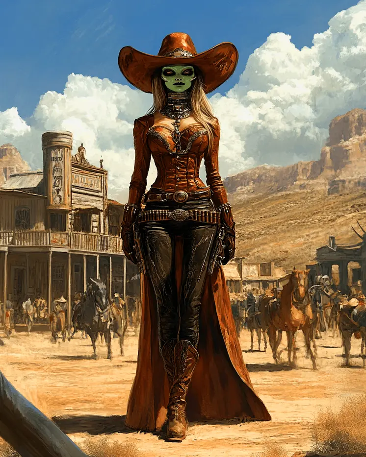 Alien Cowgirl Gunslinger - Aliens, Spaceships  Outer-Space Wall Art Prints – 8″x10″ Artwork for 11″x14″ Frame