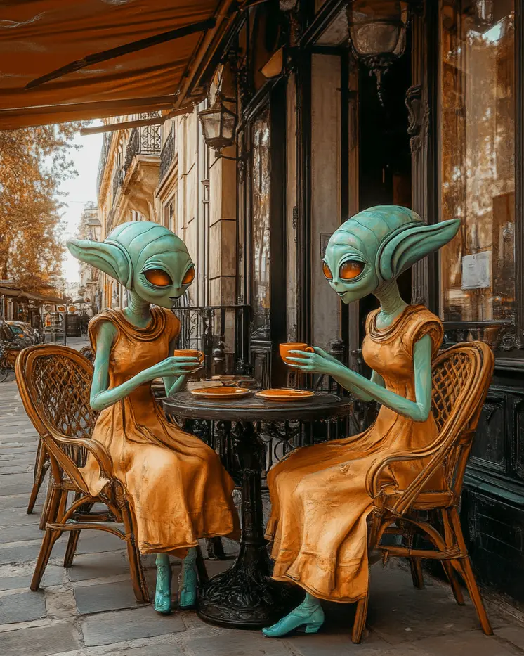 Aliens at a Cafe - Aliens, Spaceships  Outer-Space Wall Art Prints – 8″x10″ Artwork for 11″x14″ Frame