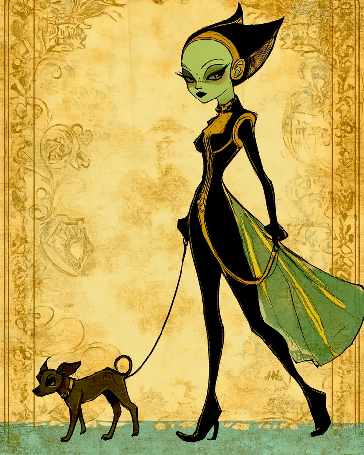 Alien Lady Walking Her Dog - Aliens, Spaceships  Outer-Space Wall Art Prints – 8″x10″ Artwork for 11″x14″ Frame