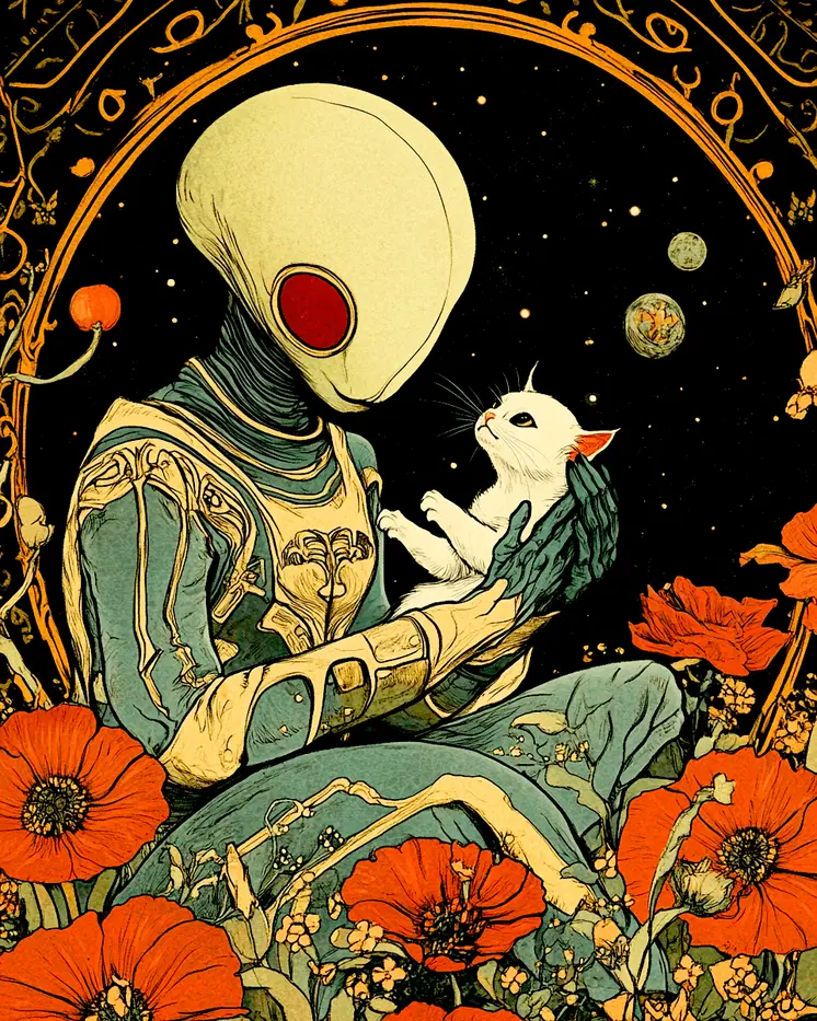 Alien and Kitten - Aliens, Spaceships  Outer-Space Wall Art Prints – 8″x10″ Artwork for 11″x14″ Frame