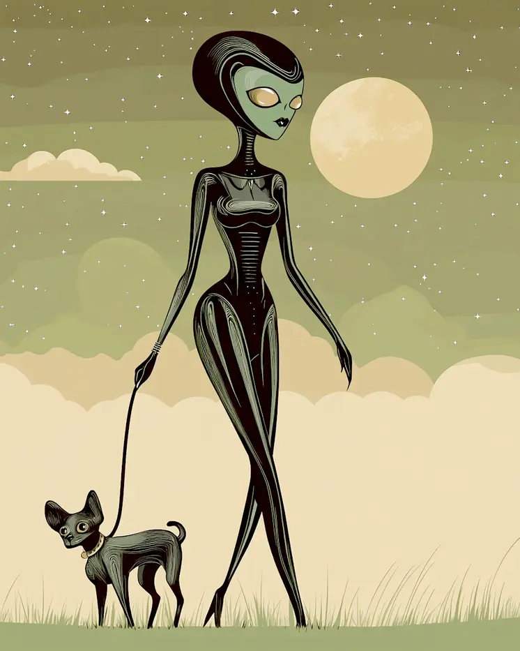 Mista and Haro Out for a Walk - Aliens, Spaceships  Outer-Space Wall Art Prints – 8″x10″ Artwork for 11″x14″ Frame