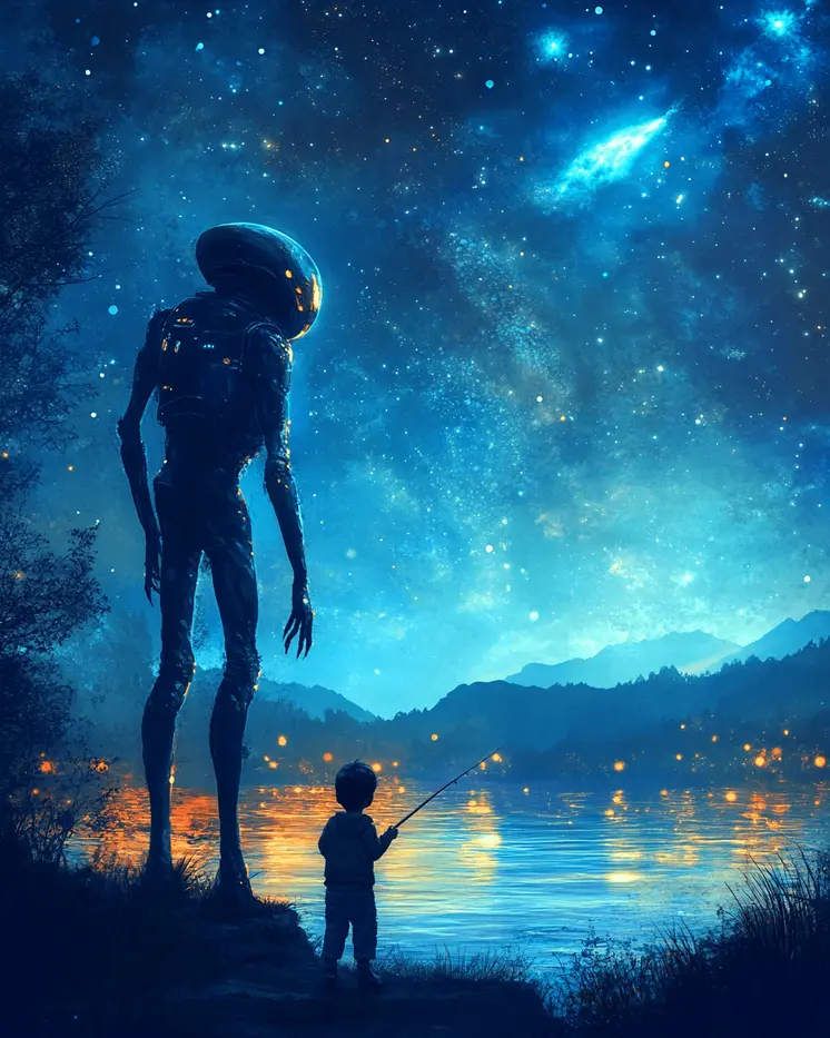 Fishing with an Extraterrestrial - Aliens, Spaceships  Outer-Space Wall Art Prints – 8″x10″ Artwork for 11″x14″ Frame