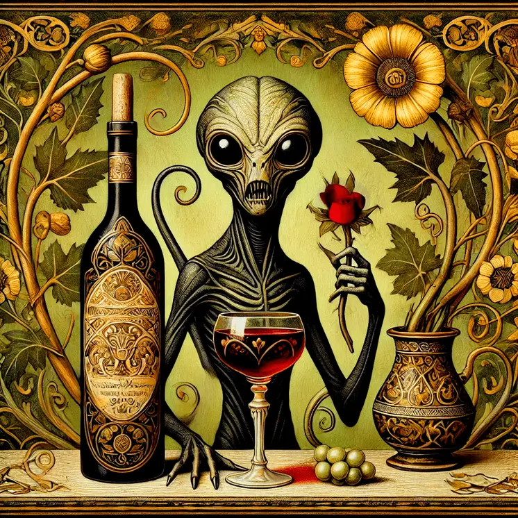 Nouveau Alien with Wine and Rose - Aliens, Spaceships  Outer-Space Wall Art Prints – 8″x10″ Artwork for 11″x14″ Frame