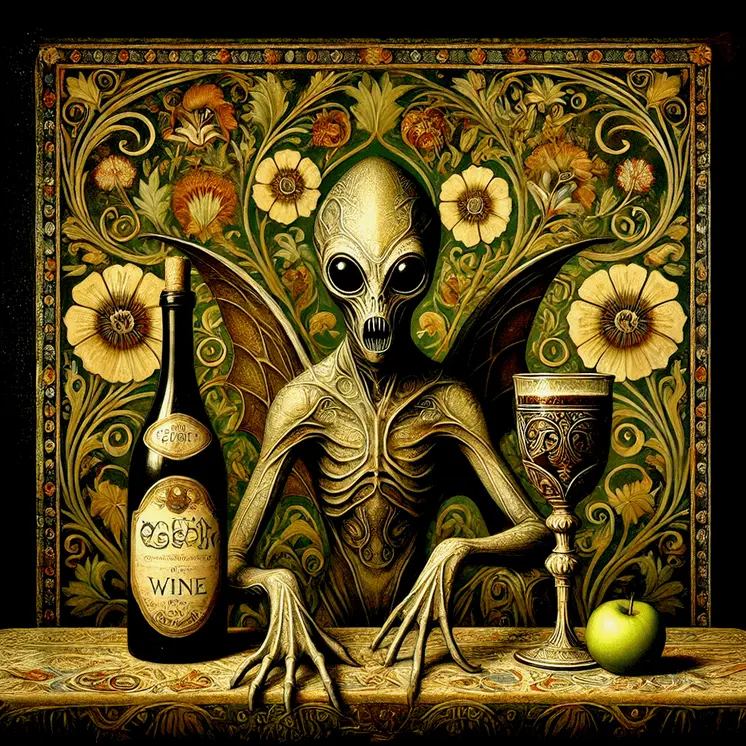 Nouveau Alien with Wine #2 - Aliens, Spaceships  Outer-Space Wall Art Prints – 8″x10″ Artwork for 11″x14″ Frame