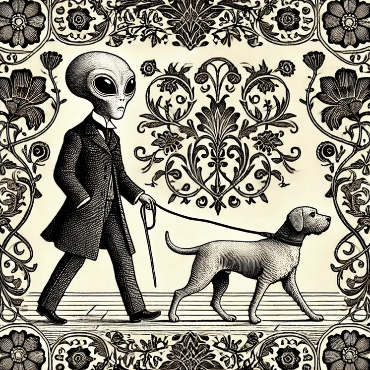 Nouveau Alien Walking Dog - Aliens, Spaceships  Outer-Space Wall Art Prints – 8″x10″ Artwork for 11″x14″ Frame