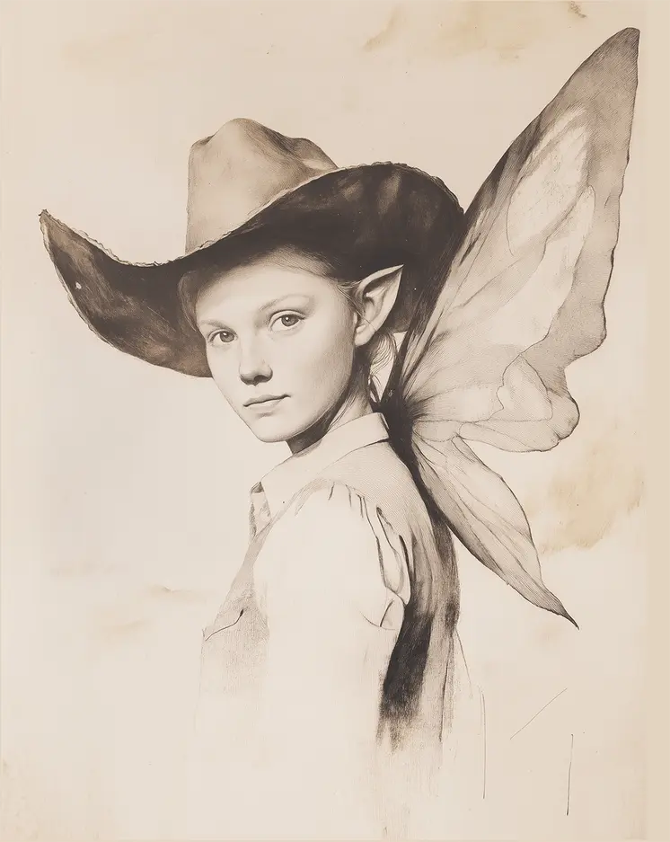 Pen and Ink Wash Cowgirl Fairy - Cowgirl Fairies – 8″x10″ Artwork in 12″x14″ Mat