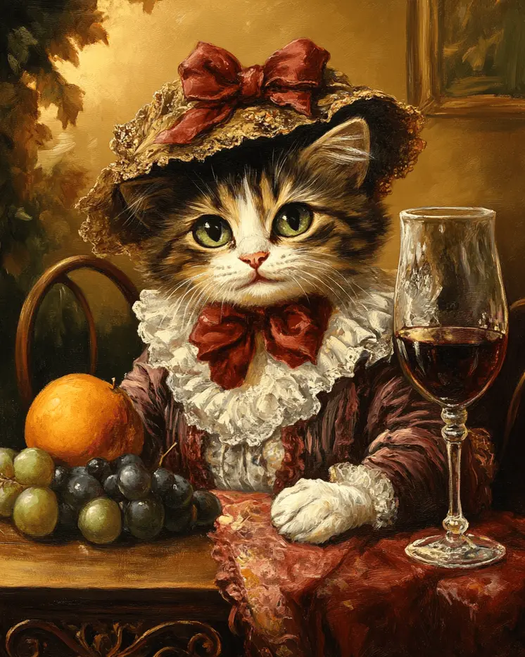 Miss Kitty with Glass of Vino - Wine Wall Art Prints – 8″x10″ Artwork for 11″x14″ Frame