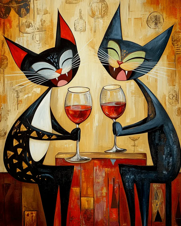 Black Cats Laugh Over Glasses of Vino - Wine Wall Art Prints – 8″x10″ Artwork for 11″x14″ Frame