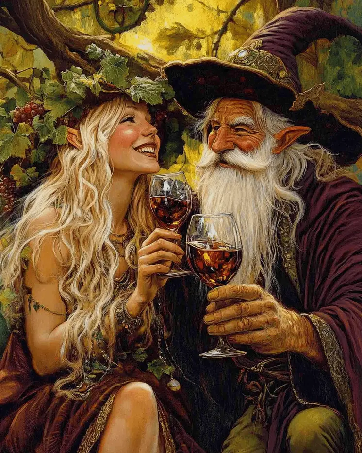 Fairy and Wizard Laugh Over Glasses of Vino - Wine Wall Art Prints – 8″x10″ Artwork for 11″x14″ Frame