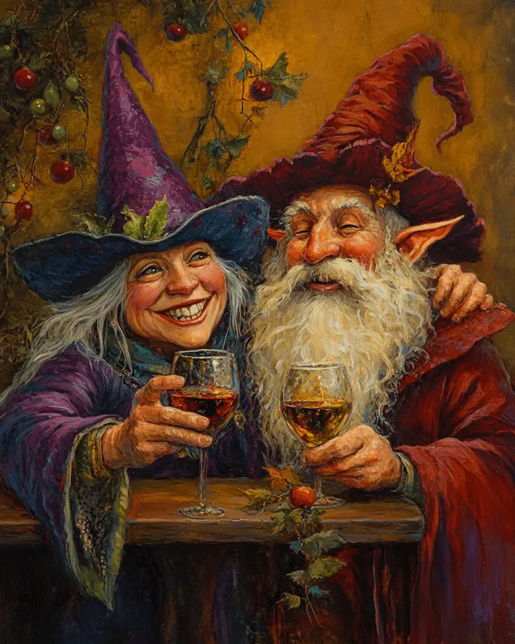 Wizard and Witch Laugh Over Glasses of Vino - Wine Wall Art Prints – 8″x10″ Artwork for 11″x14″ Frame