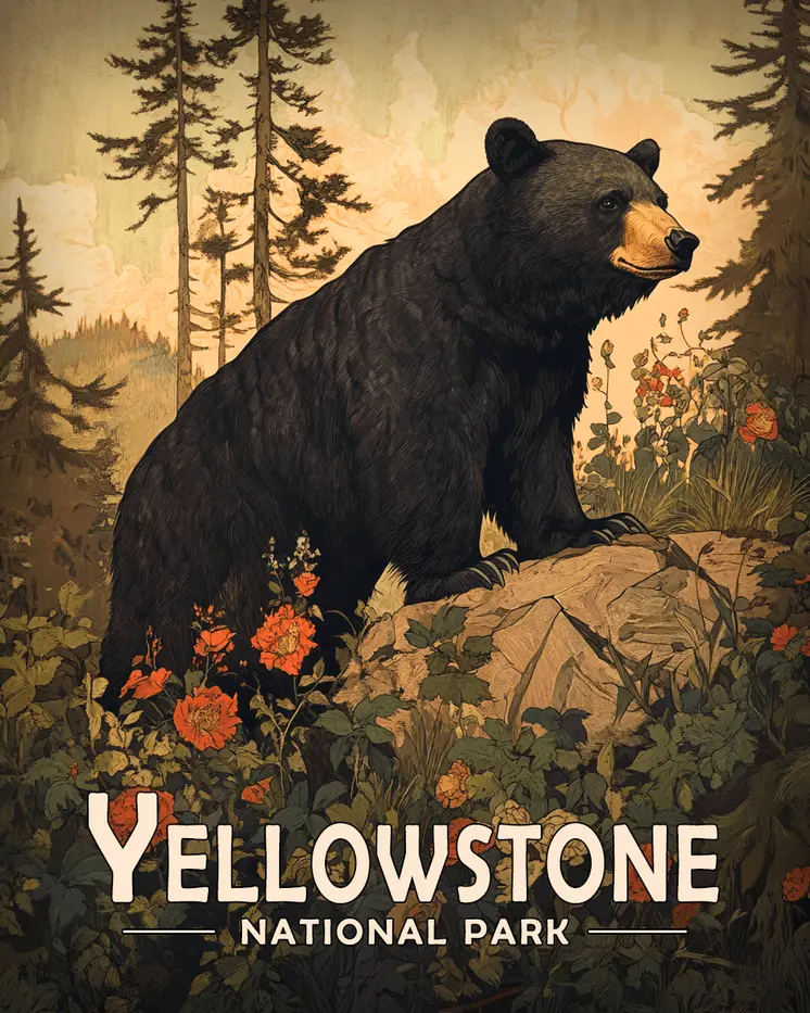 Antique Style Black Bear - Yellowstone Souvenir Art Prints - 8"x10" Artwork for 11"x14" Frame