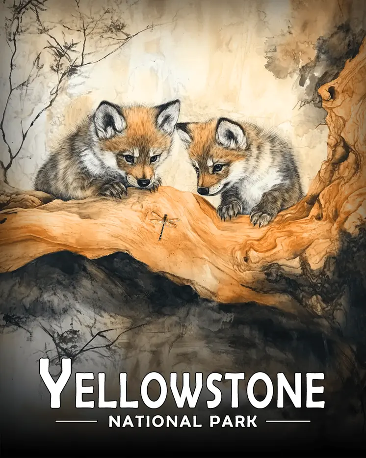 Wolf Cubs Eye Dragonfly - Yellowstone Souvenir Art Prints - 8"x10" Artwork for 11"x14" Frame