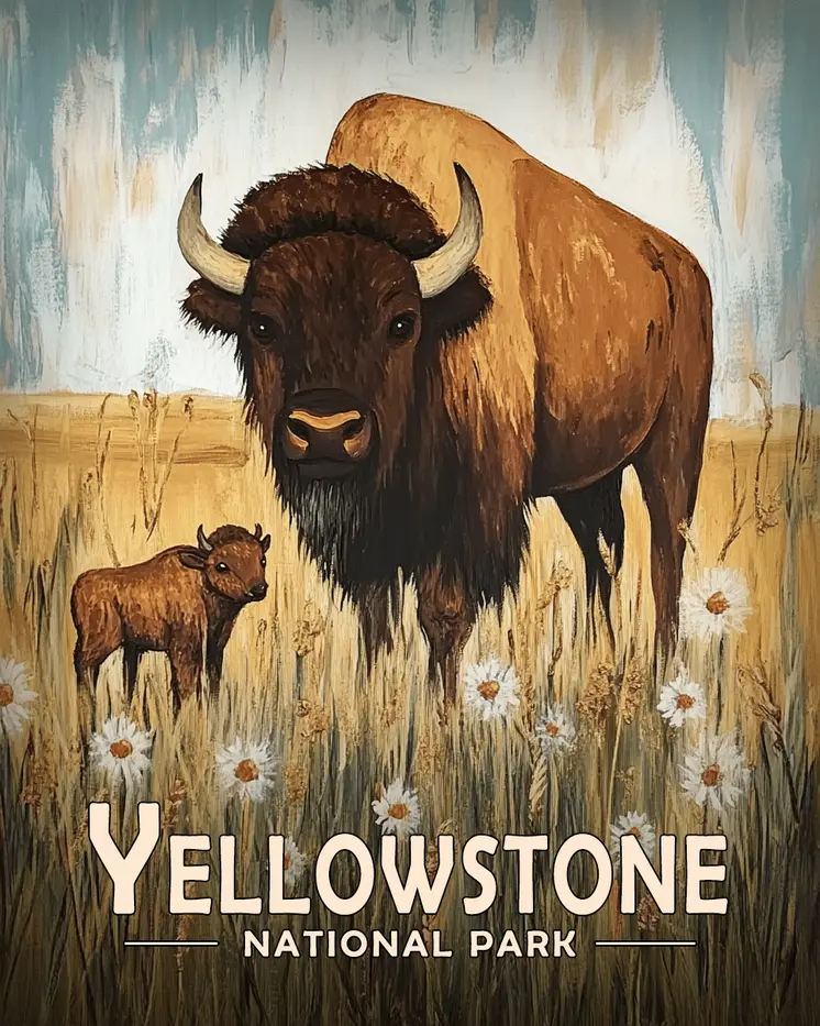 Bison and Baby - Yellowstone Souvenir Art Prints - 8"x10" Artwork for 11"x14" Frame