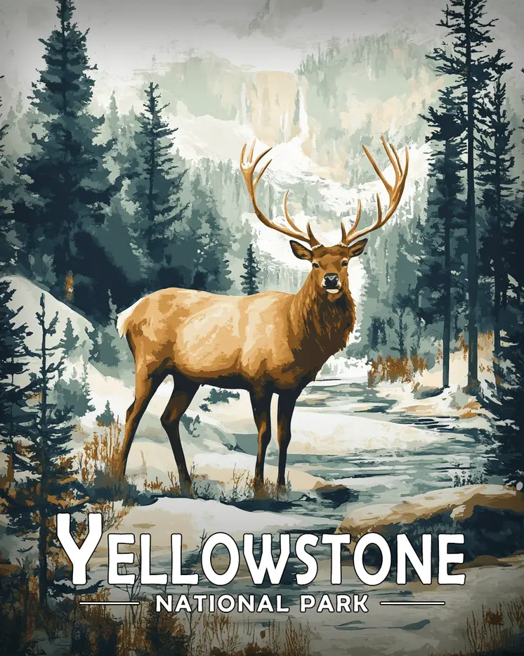 Bull Elk Scene - Yellowstone Souvenir Art Prints - 8"x10" Artwork for 11"x14" Frame
