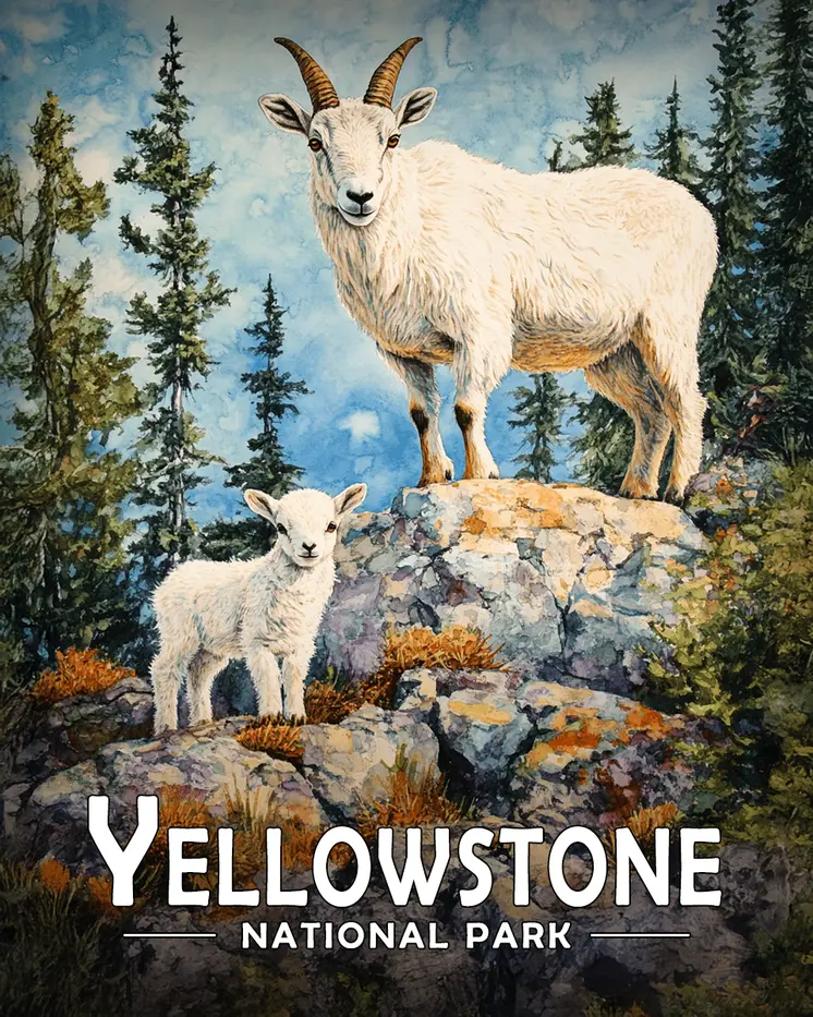 Mountain Goat & Baby - Yellowstone Souvenir Art Prints - 8"x10" Artwork for 11"x14" Frame