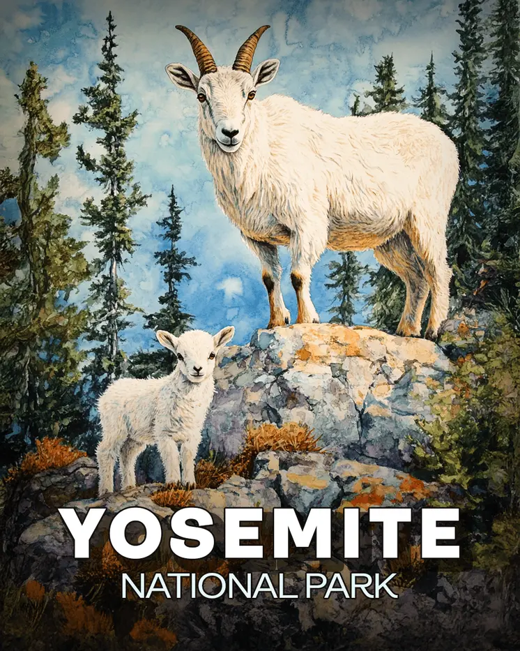 Mountain Goat Mother & Baby - Yosemite Souvenir Art Prints - 8"x10" Artwork for 11"x14" Frame