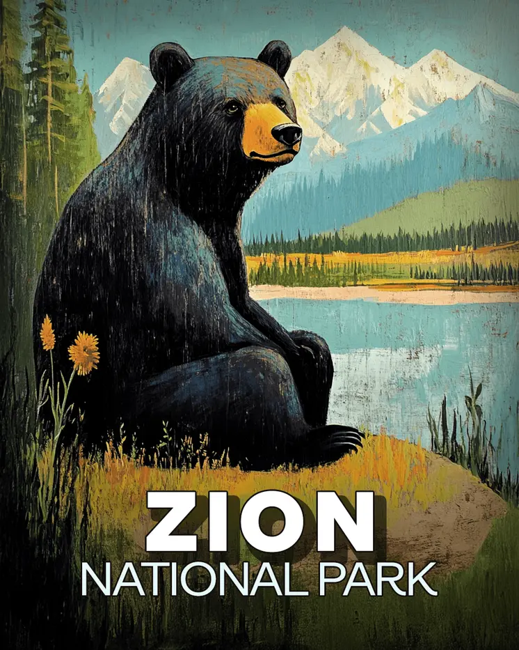 Rustic Folk Art Bear - Zion Souvenir Art Prints - 8"x10" Artwork for 11"x14" Frame