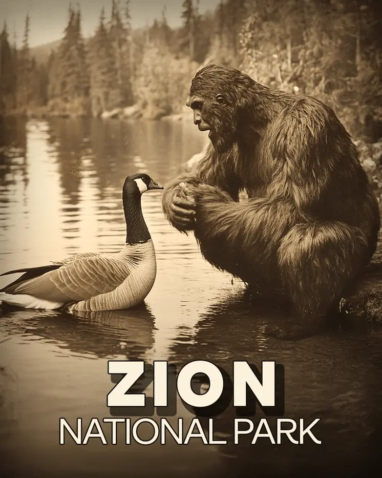 Bigfoot Talking to Canadian Goose - Zion Souvenir Art Prints - 8"x10" Artwork for 11"x14" Frame