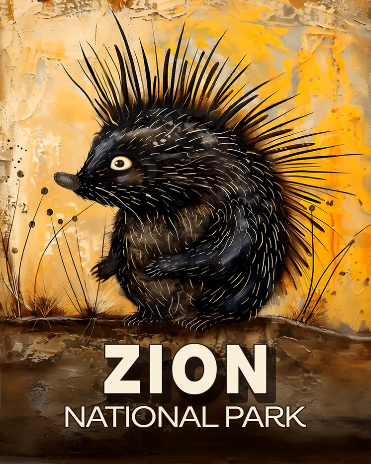 Folk Art Porcupine - Zion Souvenir Art Prints - 8"x10" Artwork for 11"x14" Frame