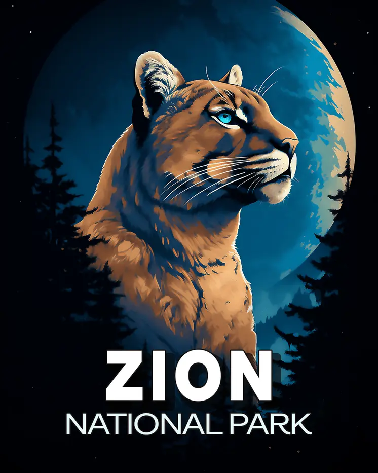 Midnight Mountain Lion - Zion Souvenir Art Prints - 8"x10" Artwork for 11"x14" Frame