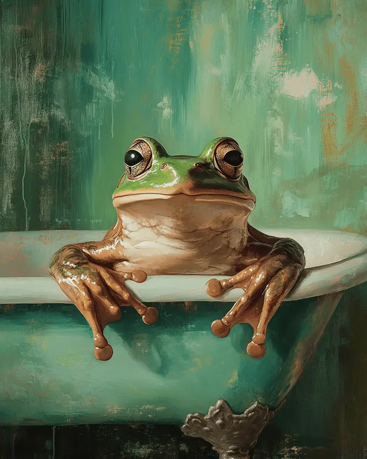 Green Frog in Bathtub - Bathroom Wall Art Prints – 8″x10″ Artwork for 11″x14″ Frame