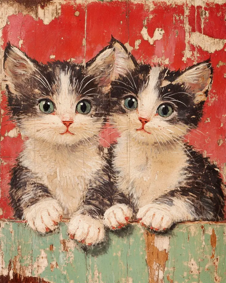 Quite a Pair - Cat & Kitten Folk Art Prints - 8"x10" Artwork for 11"x14" Frame