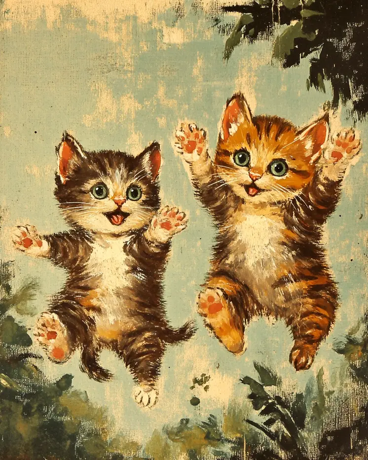 Kitty Fun - Cat & Kitten Folk Art Prints - 8"x10" Artwork for 11"x14" Frame