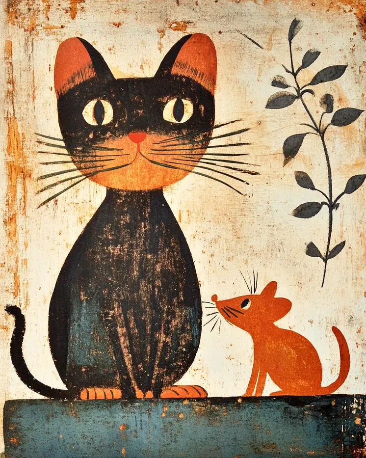 Folk Art Kat & Mouse - Cat & Kitten Folk Art Prints - 8"x10" Artwork for 11"x14" Frame