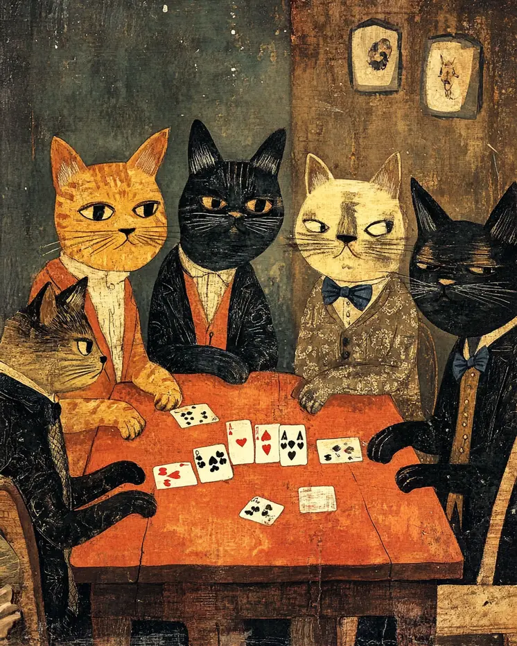 Shifty Card Game - Cat & Kitten Folk Art Prints - 8"x10" Artwork for 11"x14" Frame