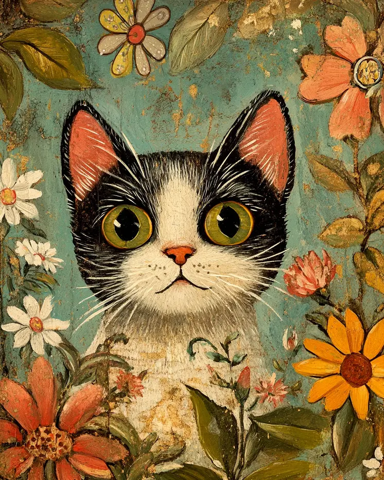 Green-Eyed Kitty - Cat & Kitten Folk Art Prints - 8"x10" Artwork for 11"x14" Frame