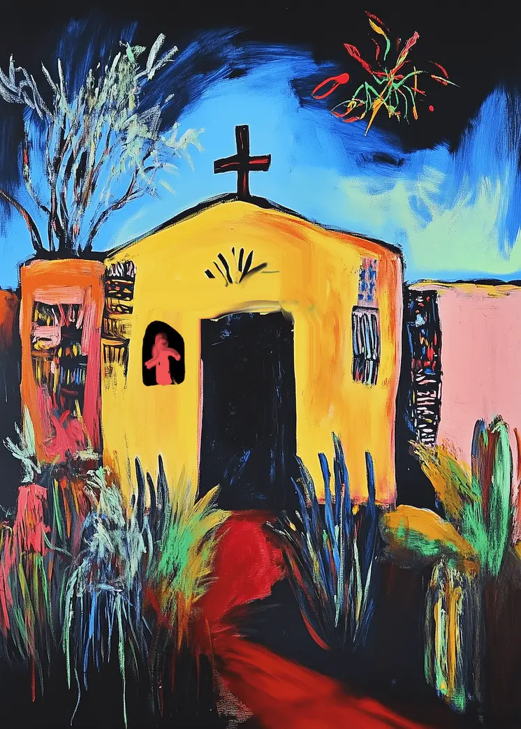 Pretty Yellow Chapel Abstract Impressionism - Southwestern Art Prints 8"x10" Artwork for 11"x14" Frame