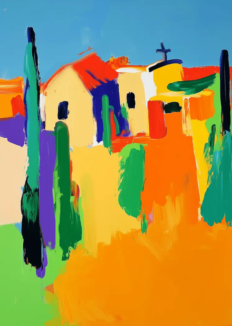 Town Chapel and Rectory Abstract Impressionism - Southwestern Art Prints 8"x10" Artwork for 11"x14" Frame