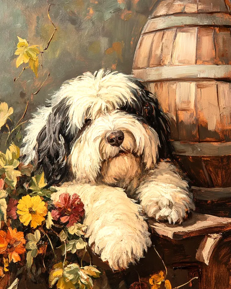 Old English Sheep Dog by Barrel - Pet Dog Still Life Wall Art Prints – 8″x10″ Artwork for 11″x14″ Frame