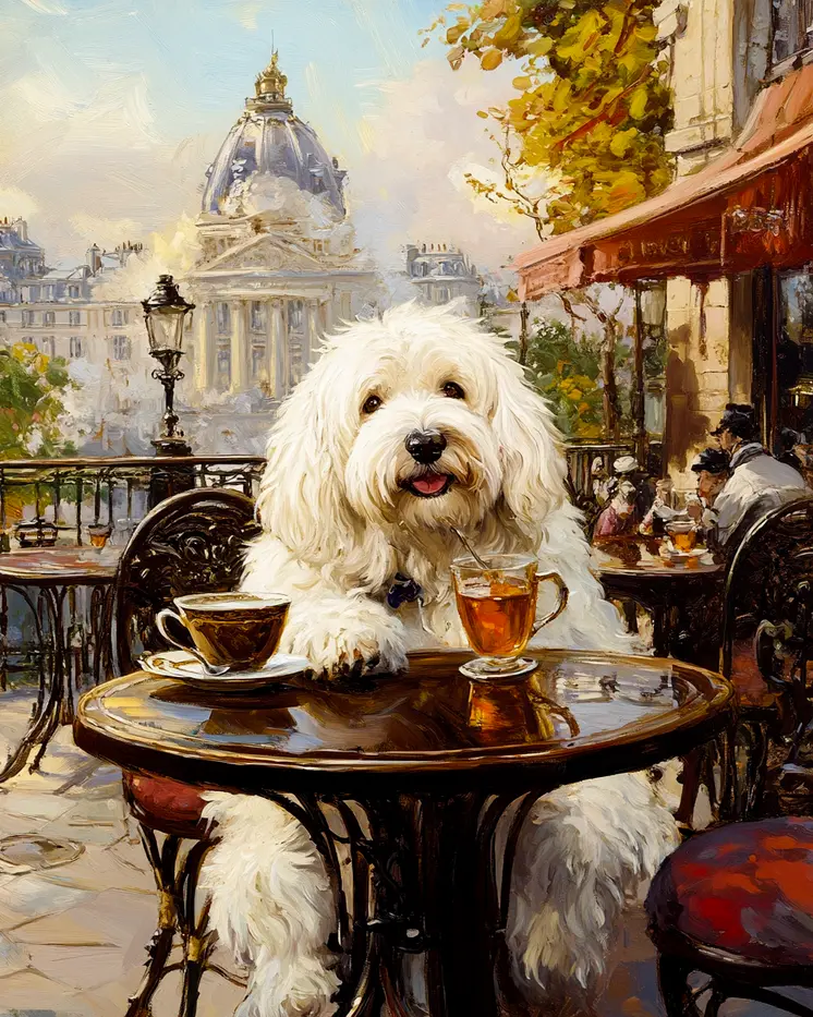 Old English Sheep Dog Having Tea in Paris - Pet Dog Still Life Wall Art Prints – 8″x10″ Artwork for 11″x14″ Frame