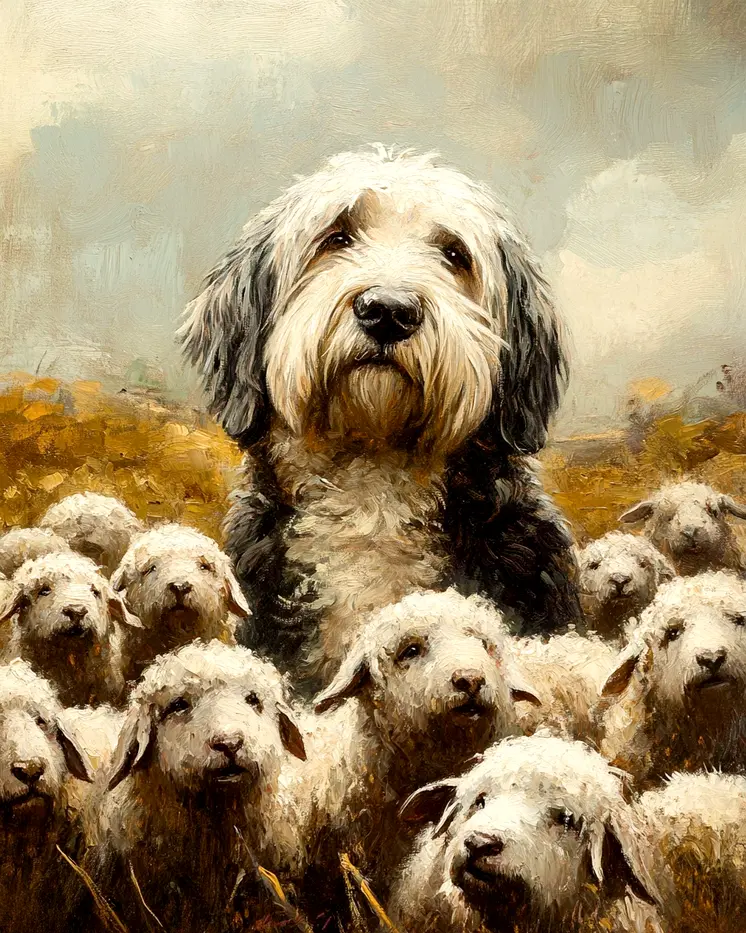 Bored English Sheep Dog - Pet Dog Still Life Wall Art Prints – 8″x10″ Artwork for 11″x14″ Frame