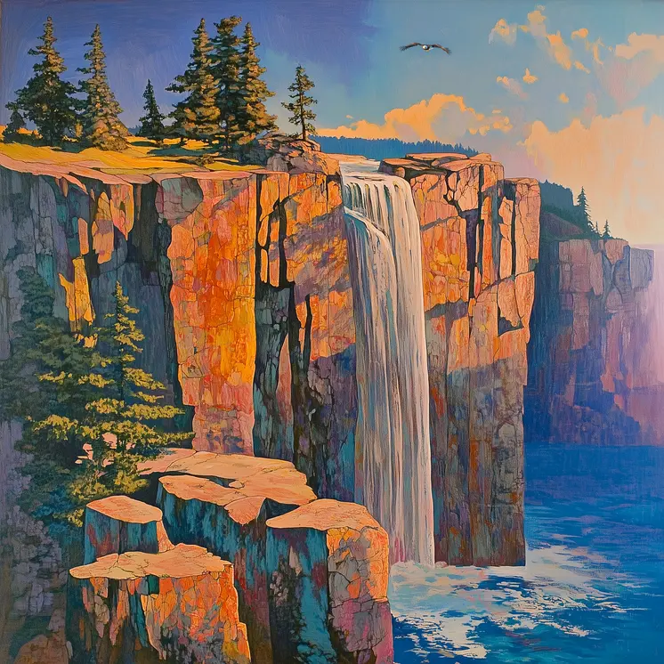 Cliff and Waterfall Landscape - Classic Landscape 8"x8" Art Print