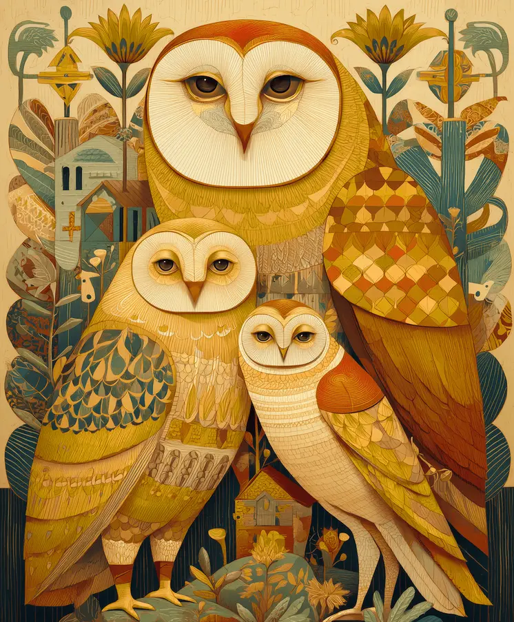 Folk Art Droll Owl Family - Owl Folk Art Prints – 8″x10″ Artwork in 10″x12″ Mat